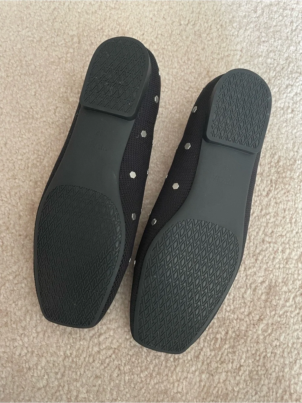 VIVAIA Margaret Square Toe Ballet Flats Black Studded Bow Size 39 US 8
